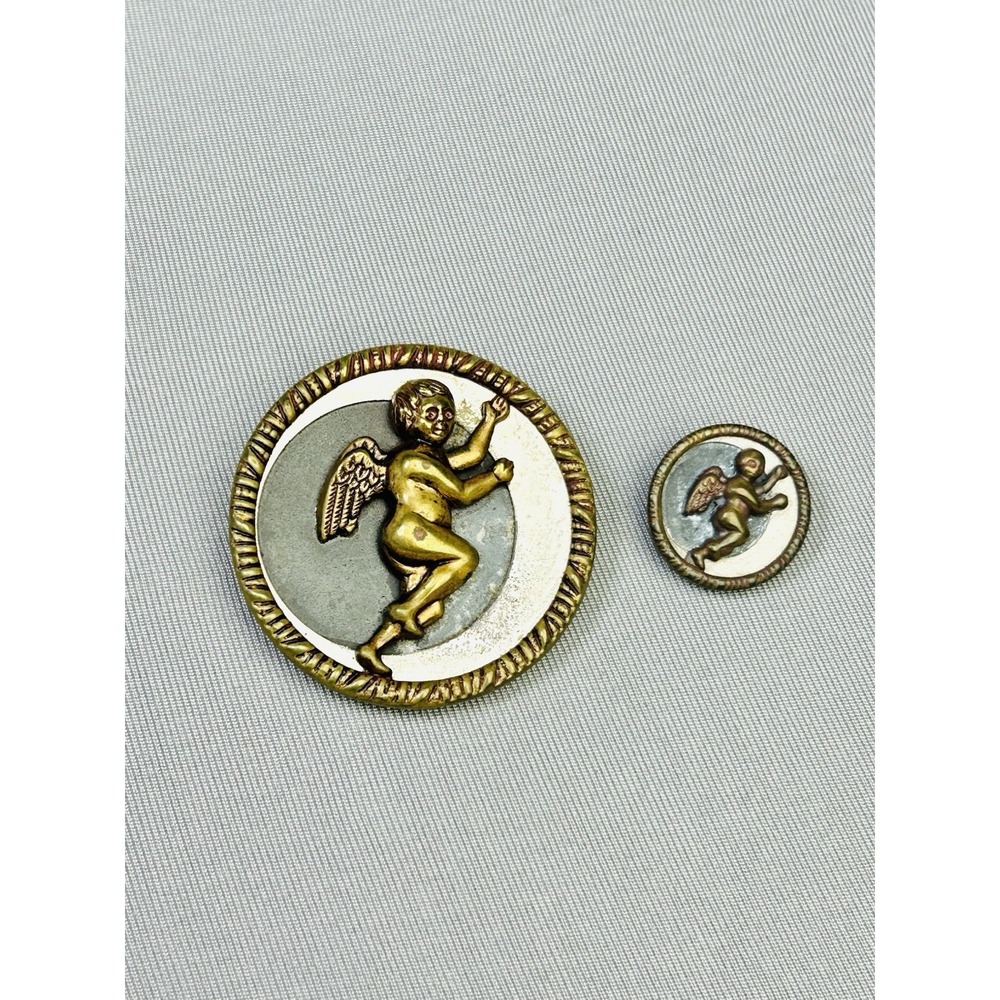 Cherub On Crescent Moon Large & Mini 2 Antique Metal Loop Picture Buttons